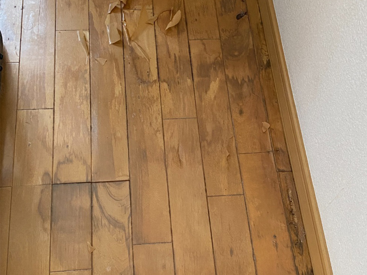 キッチンと反対側の床も、とことどころ木が剥がれてきていました。